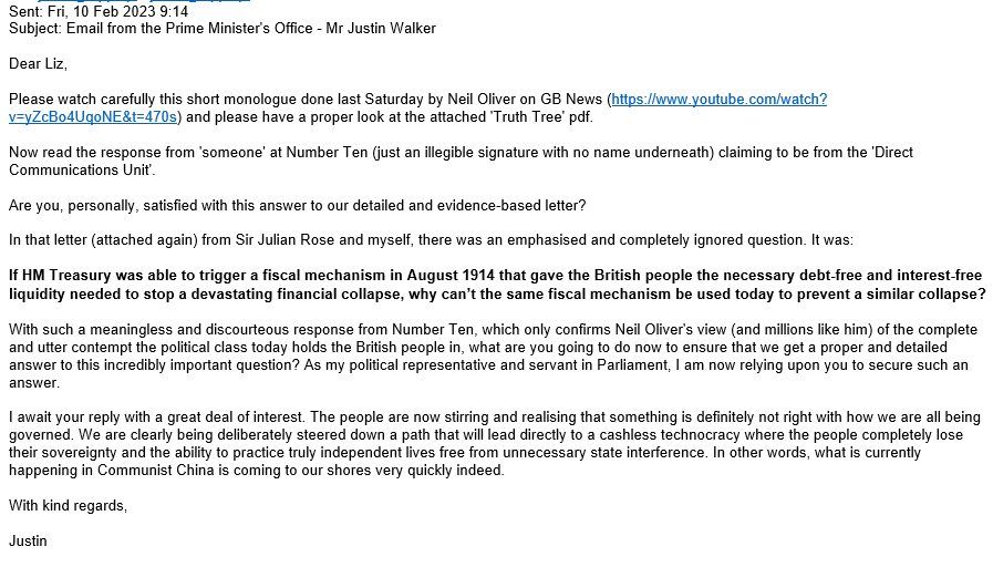 Justin's email to his MP, following the insubstantial response from Number 10